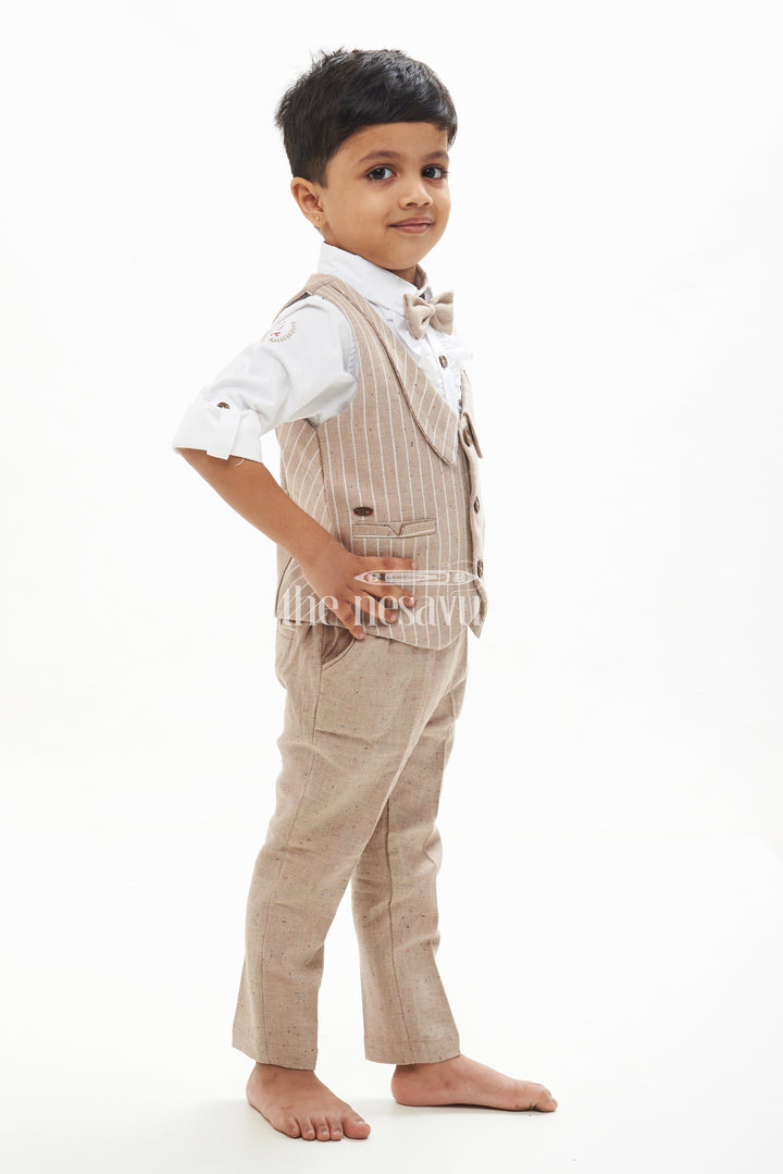 The Nesavu Boys Casual Set Boys Beige Waistcoat Co Ord Set with Striped Design Nesavu Boys Beige Waistcoat Co Ord Set with Striped Design - Special Occasion Outfit