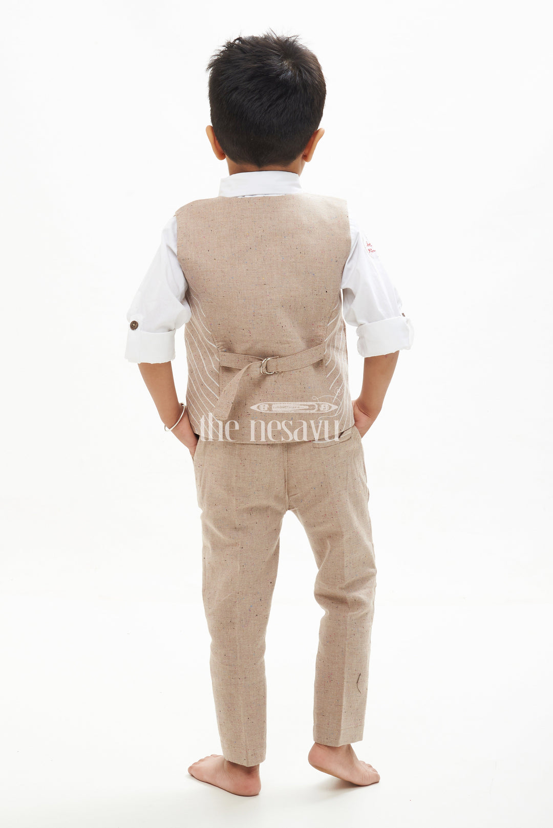 The Nesavu Boys Casual Set Boys Beige Waistcoat Co Ord Set with Striped Design Nesavu Boys Beige Waistcoat Co Ord Set with Striped Design - Special Occasion Outfit