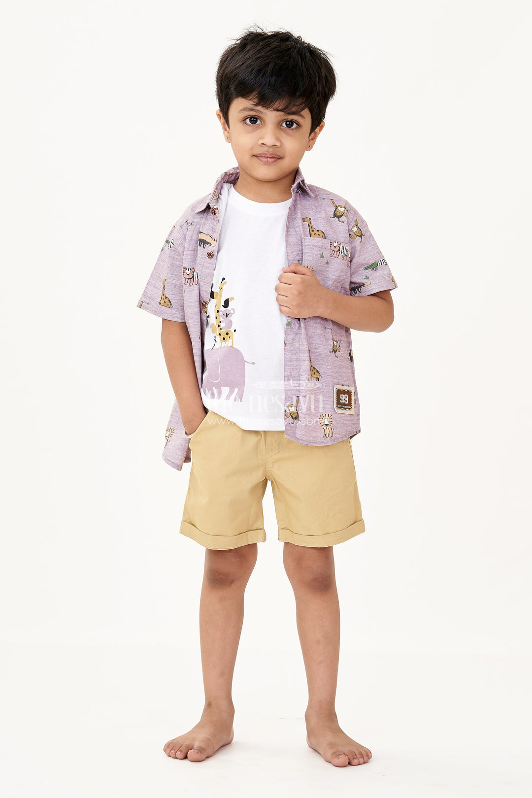 The Nesavu Boys Casual Set Boys Best Casual Wear Set with Animal Print Shirt White Tee and Mustard Shorts in Cotton Nesavu 20 (3Y) / Purple BCS219A-20 Boys Best Casual Wear Set Animal Print Shirt Safari Tee Mustard Shorts | The Nesavu