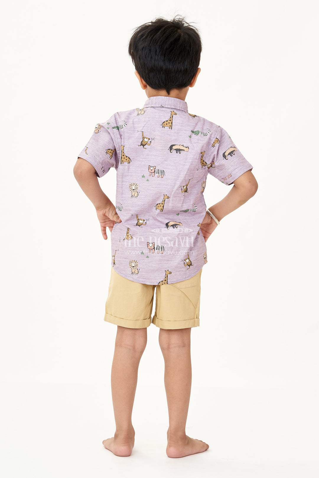The Nesavu Boys Casual Set Boys Best Casual Wear Set with Animal Print Shirt White Tee and Mustard Shorts in Cotton Nesavu Boys Best Casual Wear Set Animal Print Shirt Safari Tee Mustard Shorts | The Nesavu