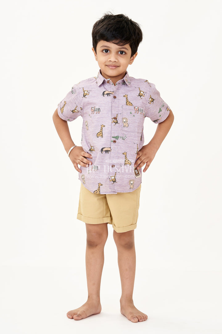 The Nesavu Boys Casual Set Boys Best Casual Wear Set with Animal Print Shirt White Tee and Mustard Shorts in Cotton Nesavu Boys Best Casual Wear Set Animal Print Shirt Safari Tee Mustard Shorts | The Nesavu
