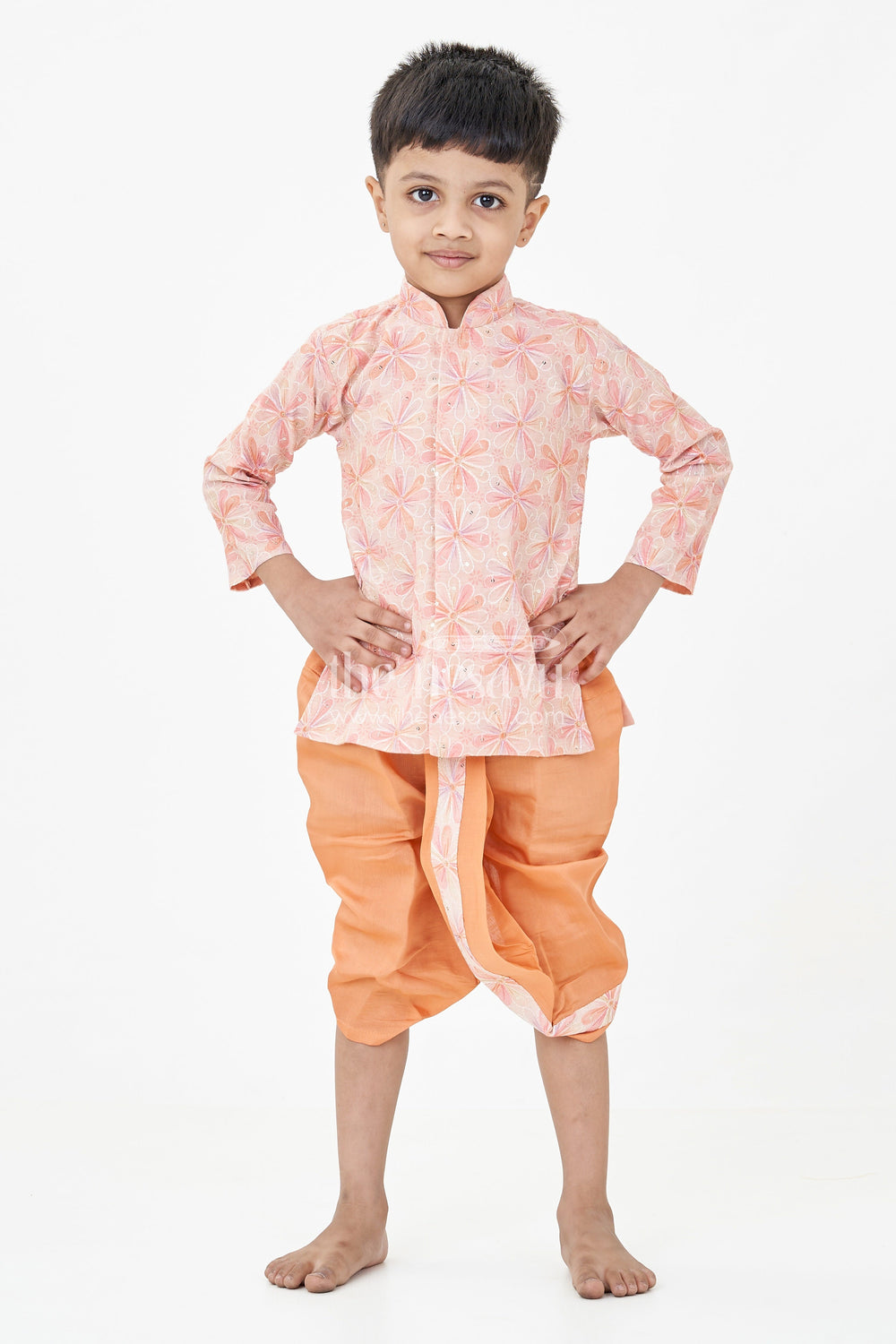 The Nesavu Boys Dothi Set Boys Best Dhoti Kurta Design in Floral Embroidered Cotton Blend with Mandarin Collar and Rust Dhoti Nesavu Boys Best Dhoti Kurta Design Floral Embroidery Rust Dhoti Cotton Blend | The Nesavu