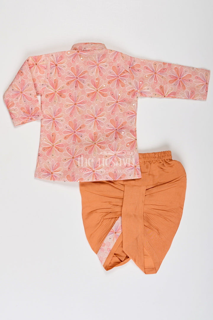 The Nesavu Boys Dothi Set Boys Best Dhoti Kurta Design in Floral Embroidered Cotton Blend with Mandarin Collar and Rust Dhoti Nesavu Boys Best Dhoti Kurta Design Floral Embroidery Rust Dhoti Cotton Blend | The Nesavu