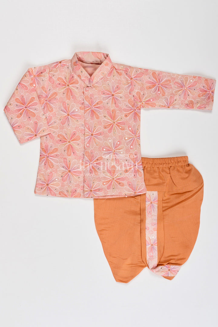 The Nesavu Boys Dothi Set Boys Best Dhoti Kurta Design in Floral Embroidered Cotton Blend with Mandarin Collar and Rust Dhoti Nesavu Boys Best Dhoti Kurta Design Floral Embroidery Rust Dhoti Cotton Blend | The Nesavu