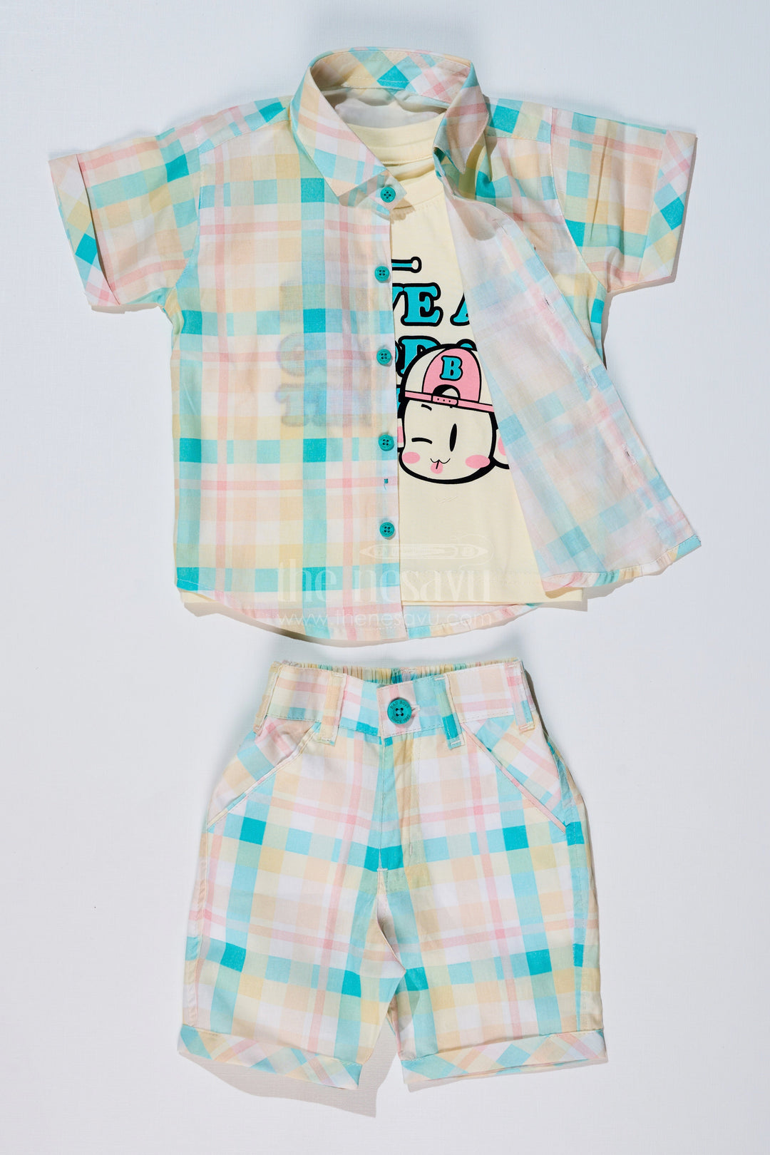 The Nesavu Boys Casual Set Boys Best Smart Casual Shirts with Checked Shorts and Graphic Printed T-Shirt Nesavu 16 (1Y) / Green BCS214B-16 Boys Best Smart Casual Shirts Checked Shorts Printed T-Shirt Summer Wear | The Nesavu