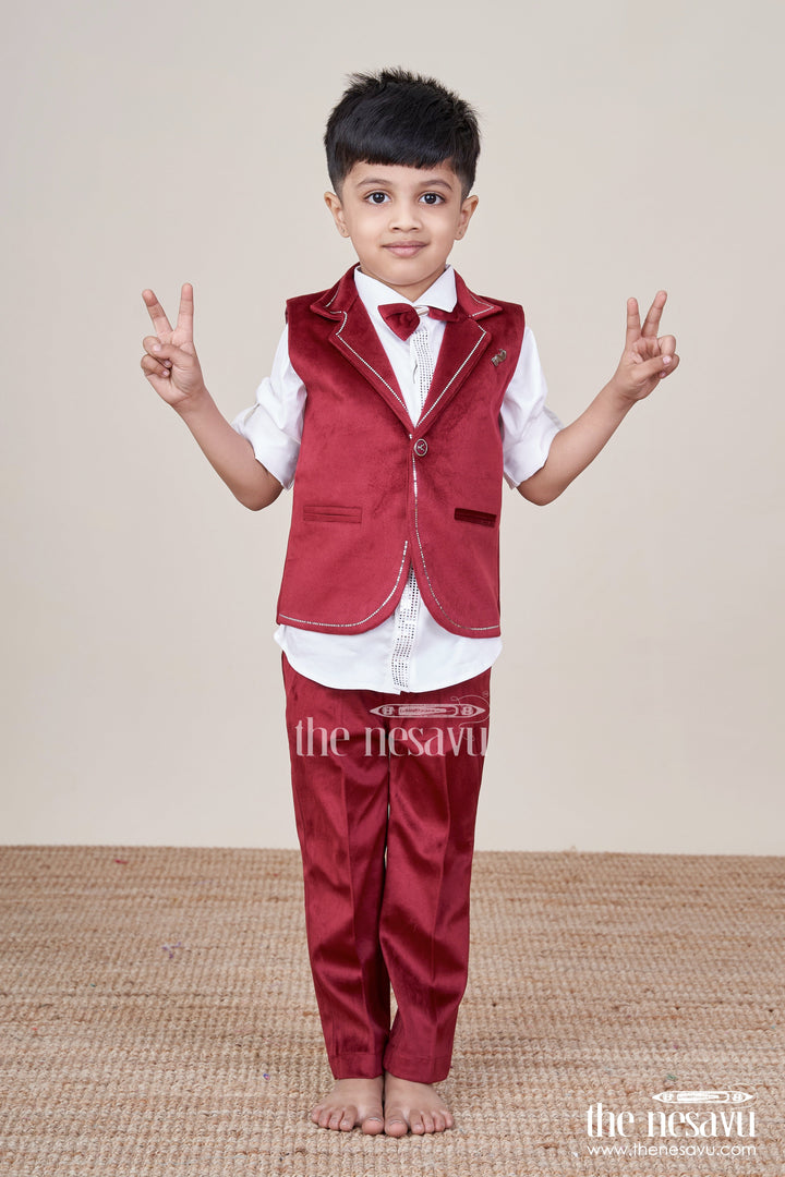 The Nesavu Boys Casual Set Boys Birthday Outfit with Waistcoat and Bowtie for Festive Occasions Nesavu 16 (1Y) / Red BCS452B-16 Nesavu boys birthday outfit smart waistcoat bowtie festive occasions