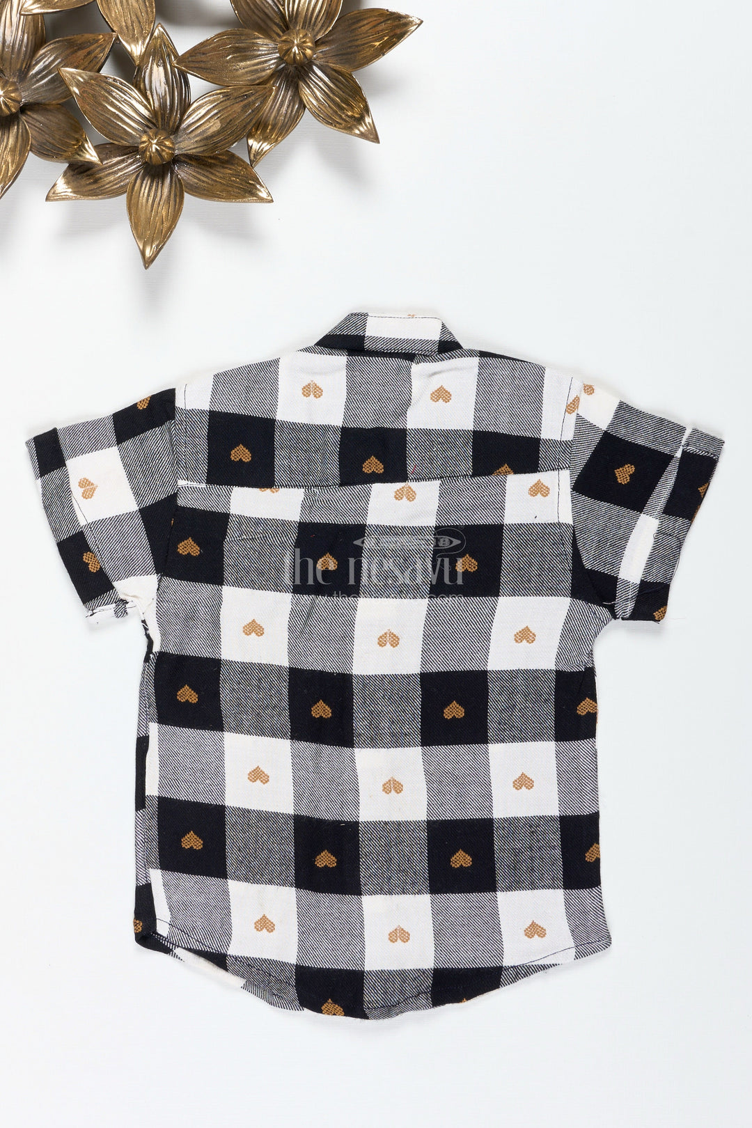 The Nesavu Boys Cotton Shirt Boys Black and White Checkered Shirt with Heart Motif for Outings and Casual Wear Nesavu Nesavu Boys Checkered Cotton Shirt Heart Motifs Casual Wear Birthdays Outings