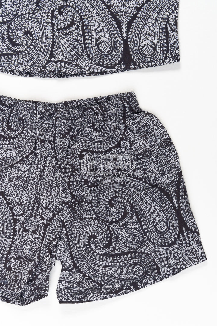 The Nesavu Boys Casual Set Boys Black Casual Dress Cotton Set with Paisley Digital Print Shirt and Matching Shorts Nesavu Nesavu Boys Black Casual Dress Set Cotton Paisley Print Shirt Matching Shorts