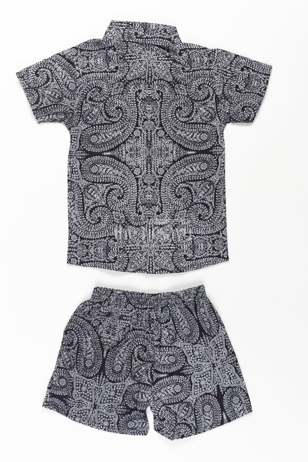The Nesavu Boys Casual Set Boys Black Casual Dress Cotton Set with Paisley Digital Print Shirt and Matching Shorts Nesavu Nesavu Boys Black Casual Dress Set Cotton Paisley Print Shirt Matching Shorts