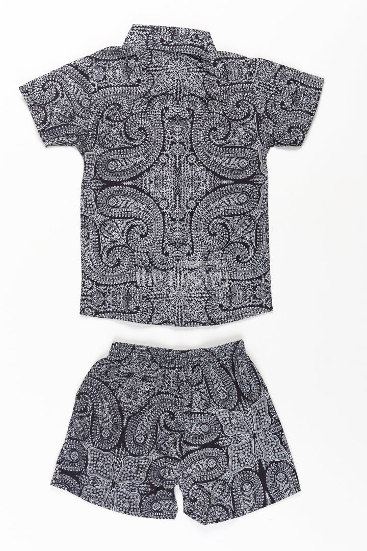 The Nesavu Boys Casual Set Boys Black Casual Dress Cotton Set with Paisley Digital Print Shirt and Matching Shorts Nesavu Nesavu Boys Black Casual Dress Set Cotton Paisley Print Shirt Matching Shorts