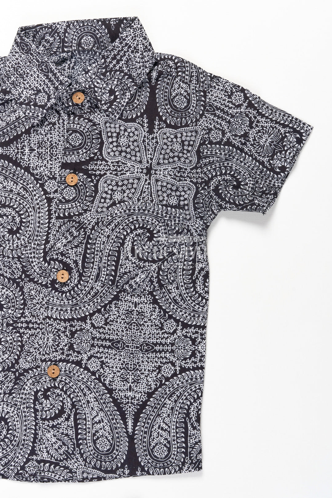 The Nesavu Boys Casual Set Boys Black Casual Dress Cotton Set with Paisley Digital Print Shirt and Matching Shorts Nesavu Nesavu Boys Black Casual Dress Set Cotton Paisley Print Shirt Matching Shorts