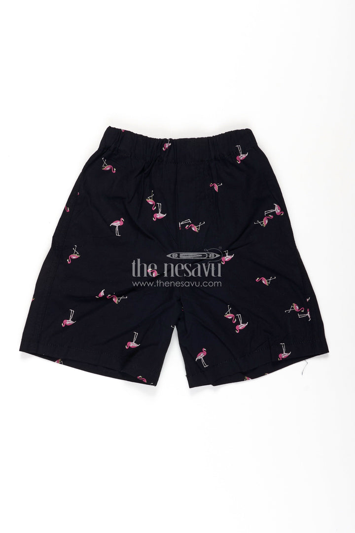 The Nesavu Boys Shorts Boys Black Cotton Black Shorts Outfit with Flamingo Print and Soft Everyday Elastic Waist Fit Nesavu 18 (2Y) / Black BWS052A-18 Nesavu Boys Black Cotton Shorts Outfit Flamingo Print Comfortable Soft Fit Casual Wear