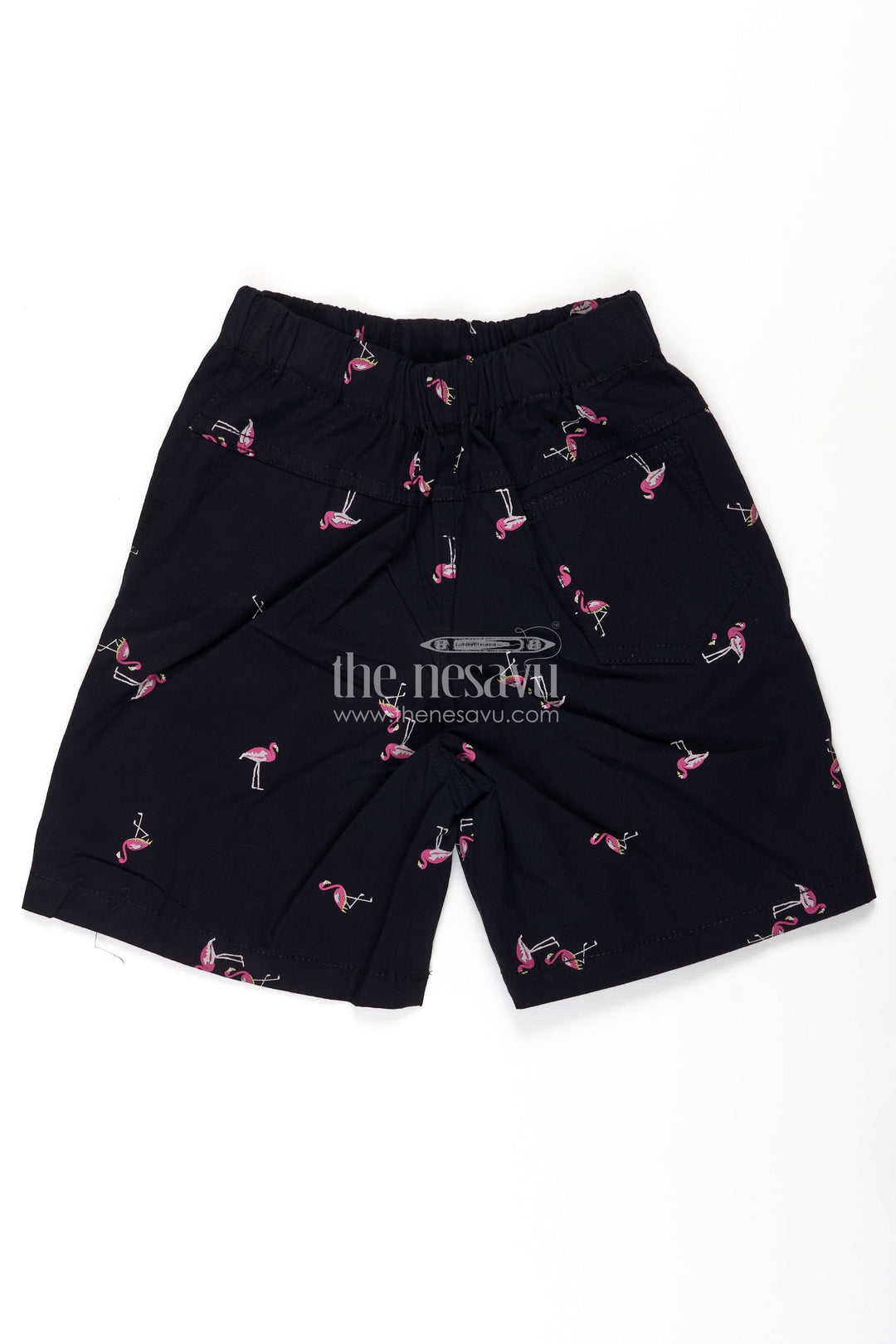 The Nesavu Boys Shorts Boys Black Cotton Black Shorts Outfit with Flamingo Print and Soft Everyday Elastic Waist Fit Nesavu Nesavu Boys Black Cotton Shorts Outfit Flamingo Print Comfortable Soft Fit Casual Wear