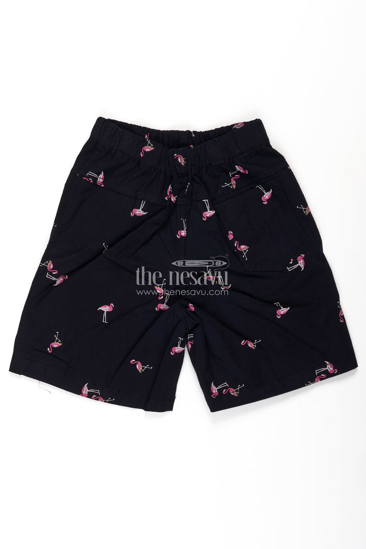 The Nesavu Boys Shorts Boys Black Cotton Black Shorts Outfit with Flamingo Print and Soft Everyday Elastic Waist Fit Nesavu Nesavu Boys Black Cotton Shorts Outfit Flamingo Print Comfortable Soft Fit Casual Wear