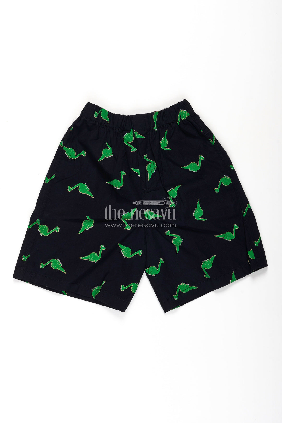 The Nesavu Boys Shorts Boys Black Cotton Drawstring Shorts with Bright Green Dinosaur Print and All Over Comfort Design Nesavu 18 (2Y) / Green BWS040A-18 Nesavu Boys Black Cotton Drawstring Shorts Green Dinosaur Print Flexible Soft Fit