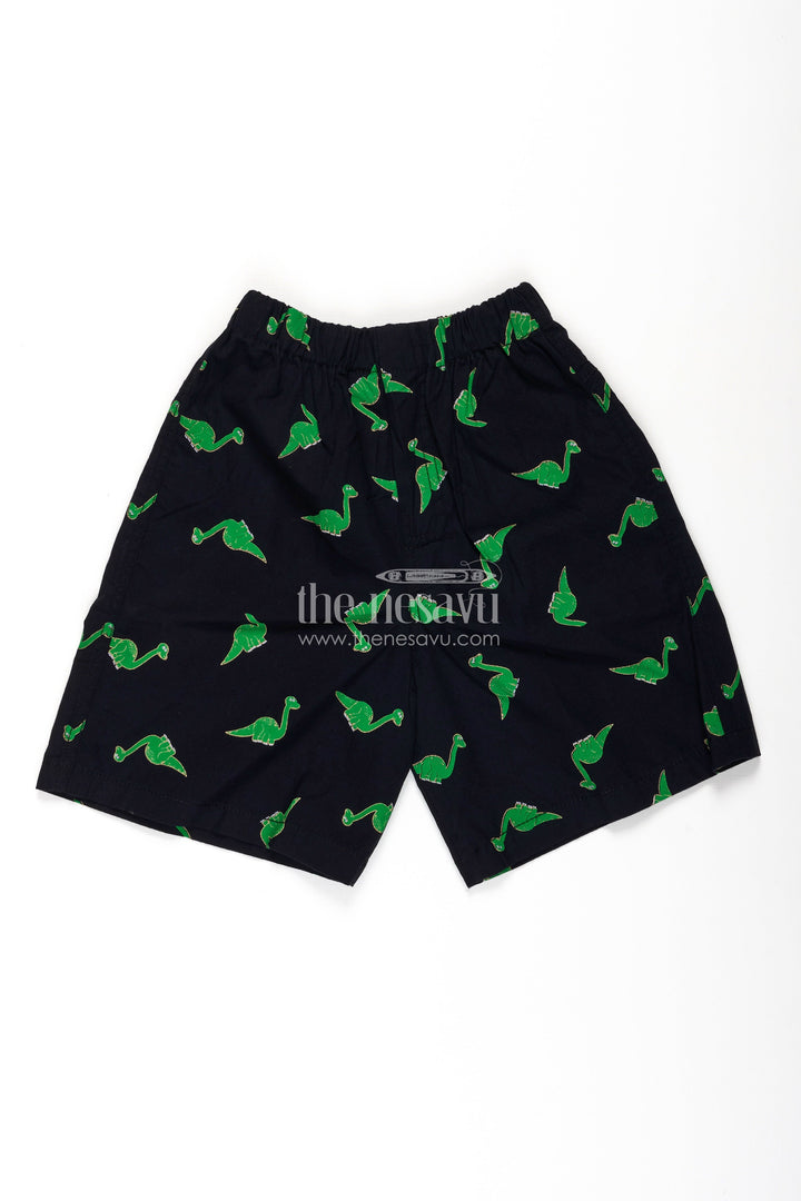 The Nesavu Boys Shorts Boys Black Cotton Drawstring Shorts with Bright Green Dinosaur Print and All Over Comfort Design Nesavu 18 (2Y) / Green BWS040A-18 Nesavu Boys Black Cotton Drawstring Shorts Green Dinosaur Print Flexible Soft Fit