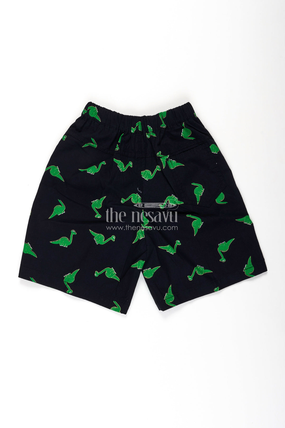 The Nesavu Boys Shorts Boys Black Cotton Drawstring Shorts with Bright Green Dinosaur Print and All Over Comfort Design Nesavu Nesavu Boys Black Cotton Drawstring Shorts Green Dinosaur Print Flexible Soft Fit