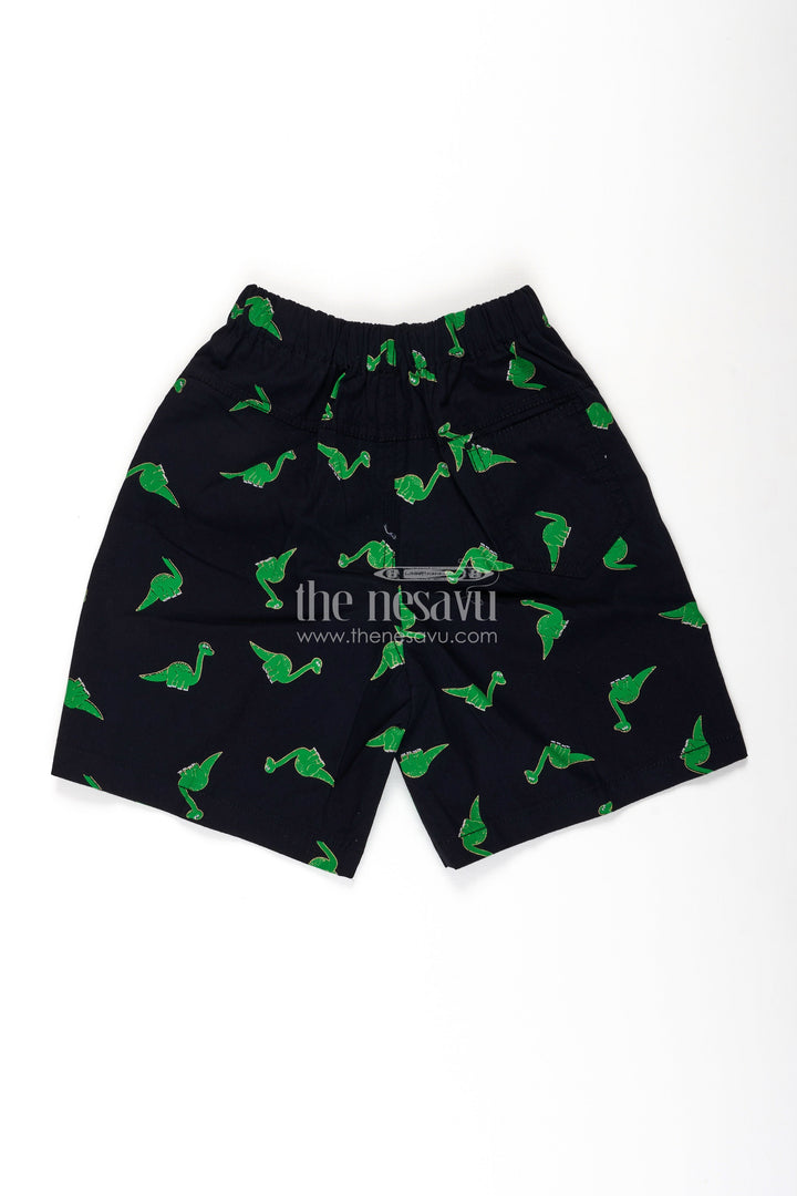 The Nesavu Boys Shorts Boys Black Cotton Drawstring Shorts with Bright Green Dinosaur Print and All Over Comfort Design Nesavu Nesavu Boys Black Cotton Drawstring Shorts Green Dinosaur Print Flexible Soft Fit