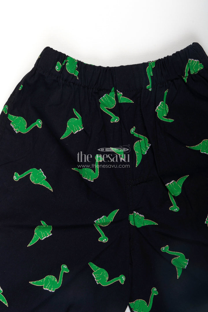 The Nesavu Boys Shorts Boys Black Cotton Drawstring Shorts with Bright Green Dinosaur Print and All Over Comfort Design Nesavu Nesavu Boys Black Cotton Drawstring Shorts Green Dinosaur Print Flexible Soft Fit