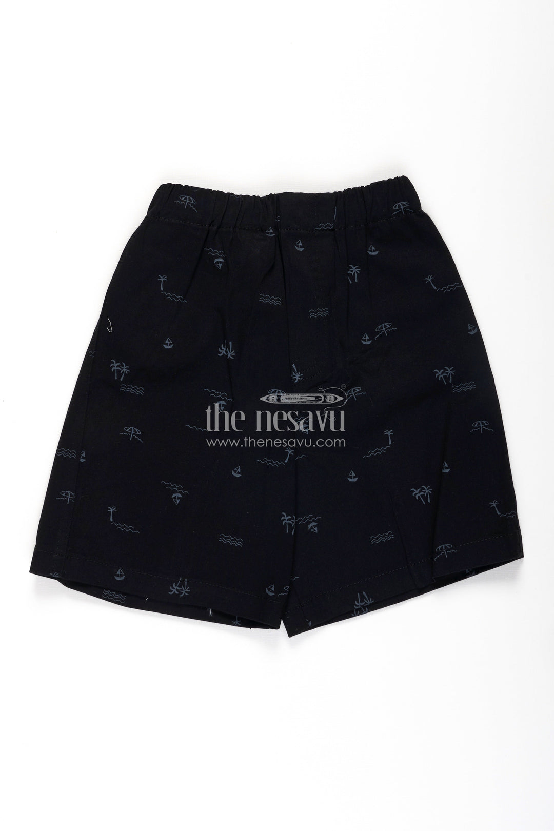 The Nesavu Boys Shorts Boys Black Cotton Little Shorts with Beach Theme Digital Print and Soft Fit Elastic Waistband Nesavu 18 (2Y) / Black BWS062A-18 Nesavu Boys Black Cotton Little Shorts Beach Print Comfortable Soft Fit Everyday Wear