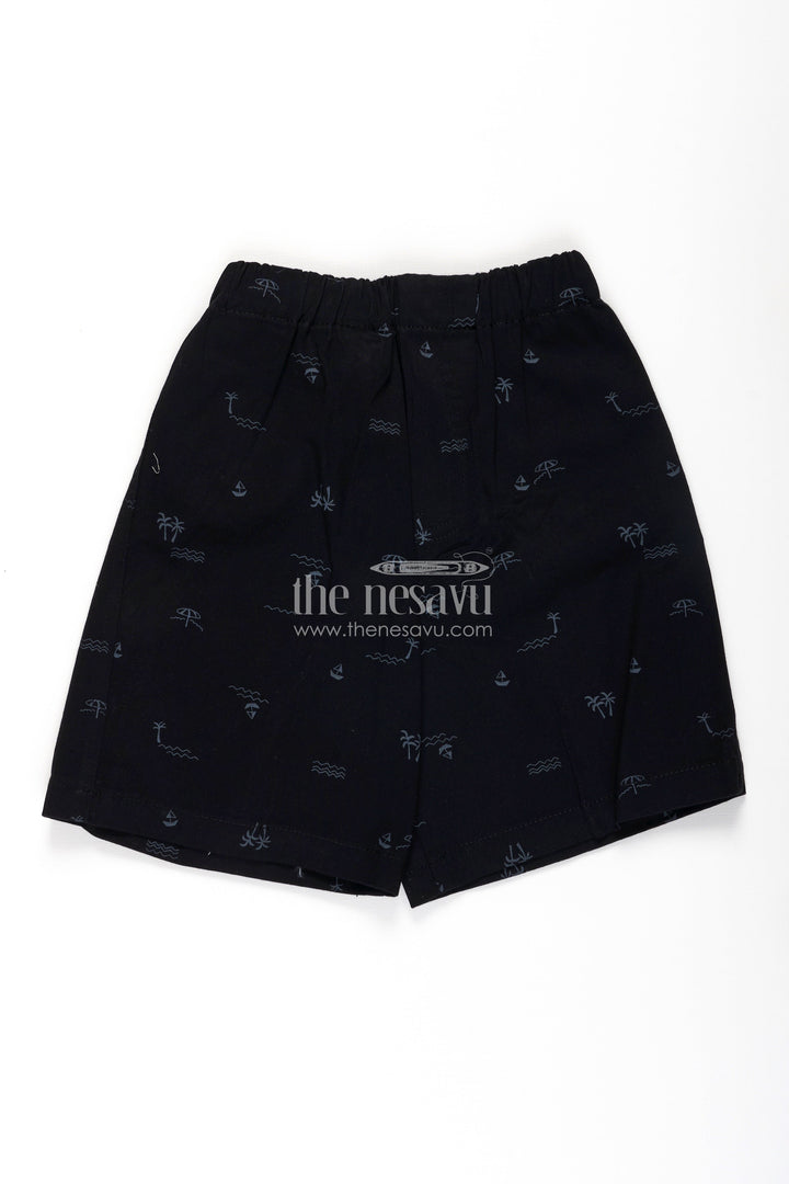 The Nesavu Boys Shorts Boys Black Cotton Little Shorts with Beach Theme Digital Print and Soft Fit Elastic Waistband Nesavu 18 (2Y) / Black BWS062A-18 Nesavu Boys Black Cotton Little Shorts Beach Print Comfortable Soft Fit Everyday Wear