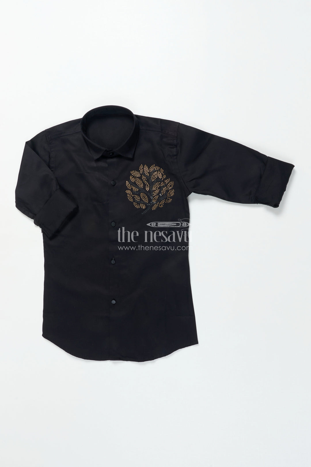 The Nesavu Boys Cotton Shirt Boys Black Cotton Shirt with Golden Leaf Print Festive Designer Wear Nesavu 26 (6Y) / Black BS351A-26 Boys black designer shirt golden print festive cotton shirt boys