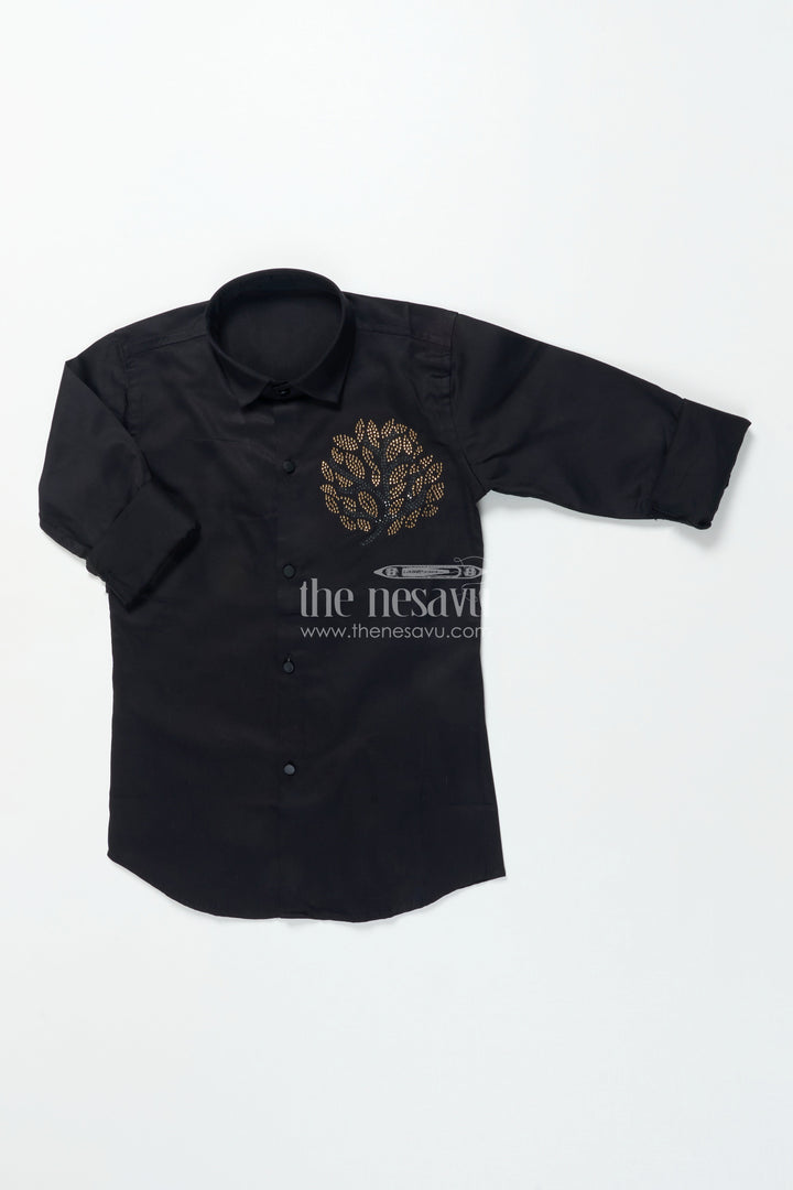 The Nesavu Boys Cotton Shirt Boys Black Cotton Shirt with Golden Leaf Print Festive Designer Wear Nesavu 26 (6Y) / Black BS351A-26 Boys black designer shirt golden print festive cotton shirt boys