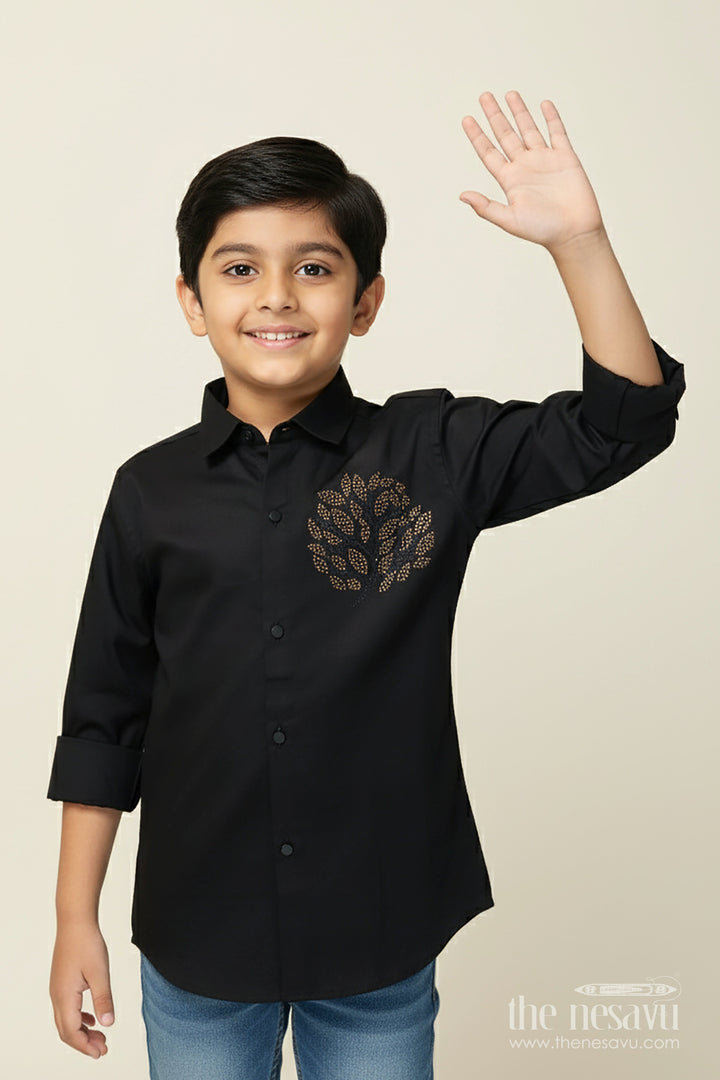 The Nesavu Boys Cotton Shirt Boys Black Cotton Shirt with Golden Leaf Print Festive Designer Wear Nesavu 26 (6Y) / Black BS351A-26 Boys black designer shirt golden print festive cotton shirt boys