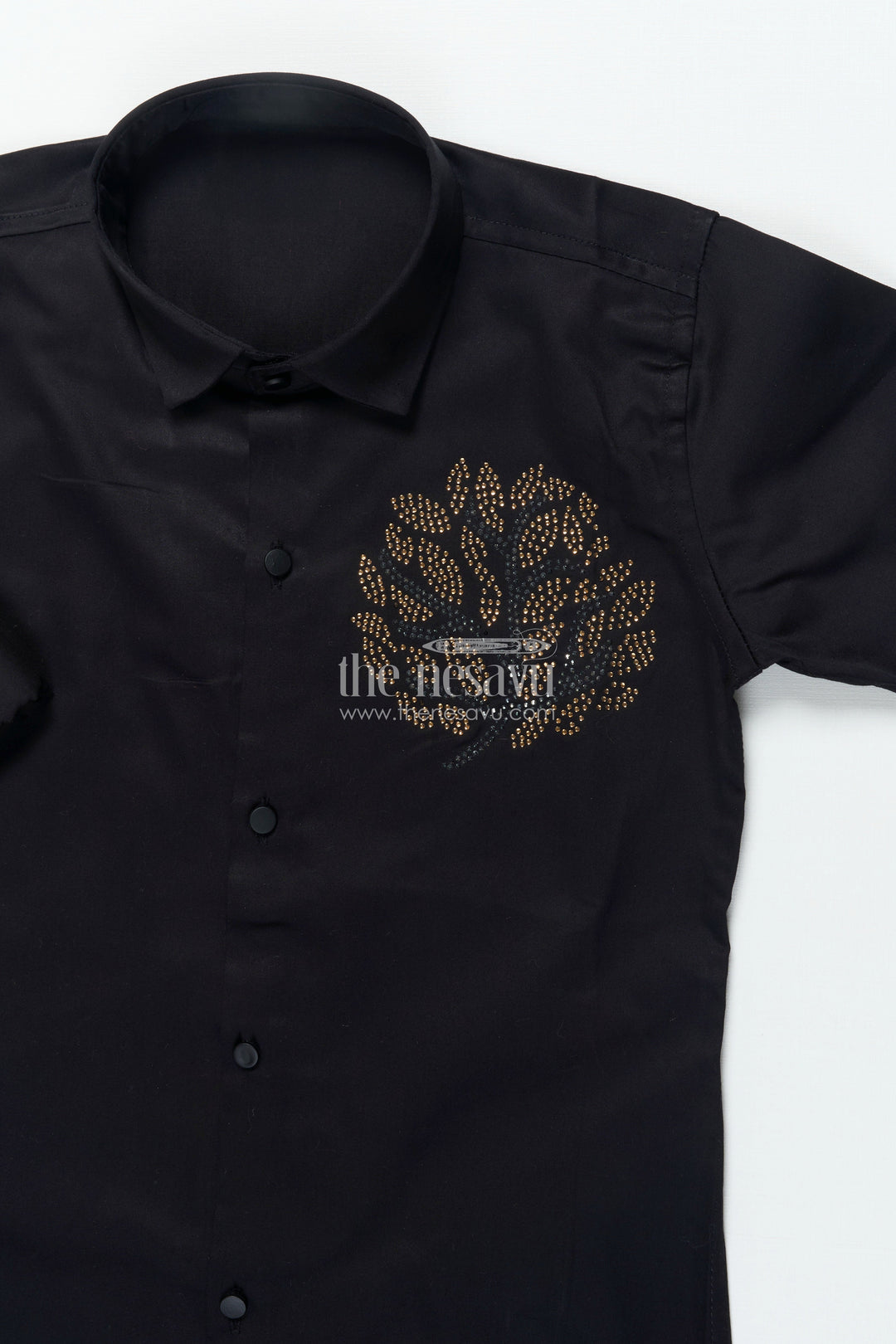 The Nesavu Boys Cotton Shirt Boys Black Cotton Shirt with Golden Leaf Print Festive Designer Wear Nesavu Boys black designer shirt golden print festive cotton shirt boys