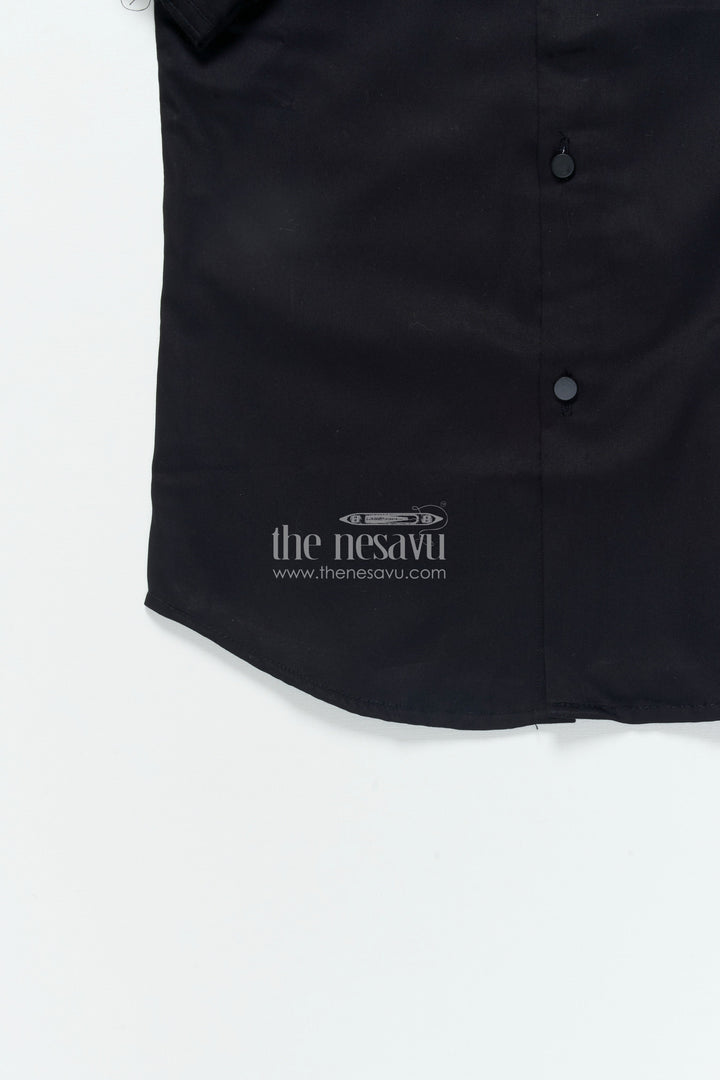 The Nesavu Boys Cotton Shirt Boys Black Cotton Shirt with Golden Leaf Print Festive Designer Wear Nesavu Boys black designer shirt golden print festive cotton shirt boys