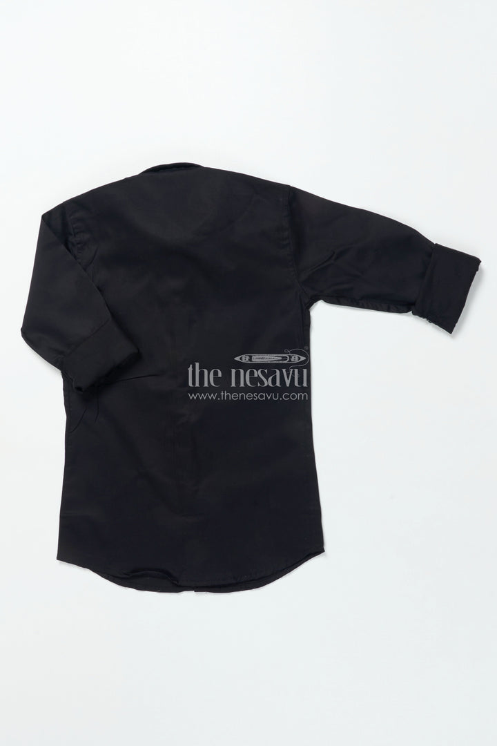 The Nesavu Boys Cotton Shirt Boys Black Cotton Shirt with Golden Leaf Print Festive Designer Wear Nesavu Boys black designer shirt golden print festive cotton shirt boys