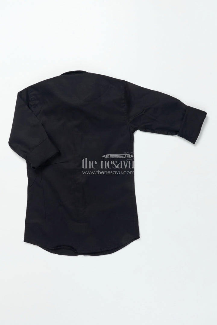 The Nesavu Boys Cotton Shirt Boys Black Cotton Shirt with Golden Leaf Print Festive Designer Wear Nesavu Boys black designer shirt golden print festive cotton shirt boys