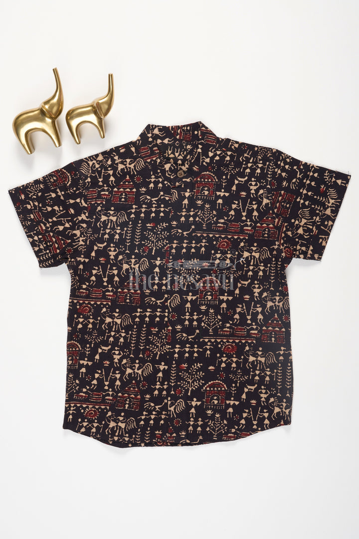 The Nesavu Boys Cotton Shirt Boys Black Cotton Shirt with Warli Tribal Print for Festive and Casual Occasions Nesavu 16 (1Y) / Black BS170B-16 Nesavu Boys Black Cotton Shirt Warli Tribal Print Cultural Festive Wear