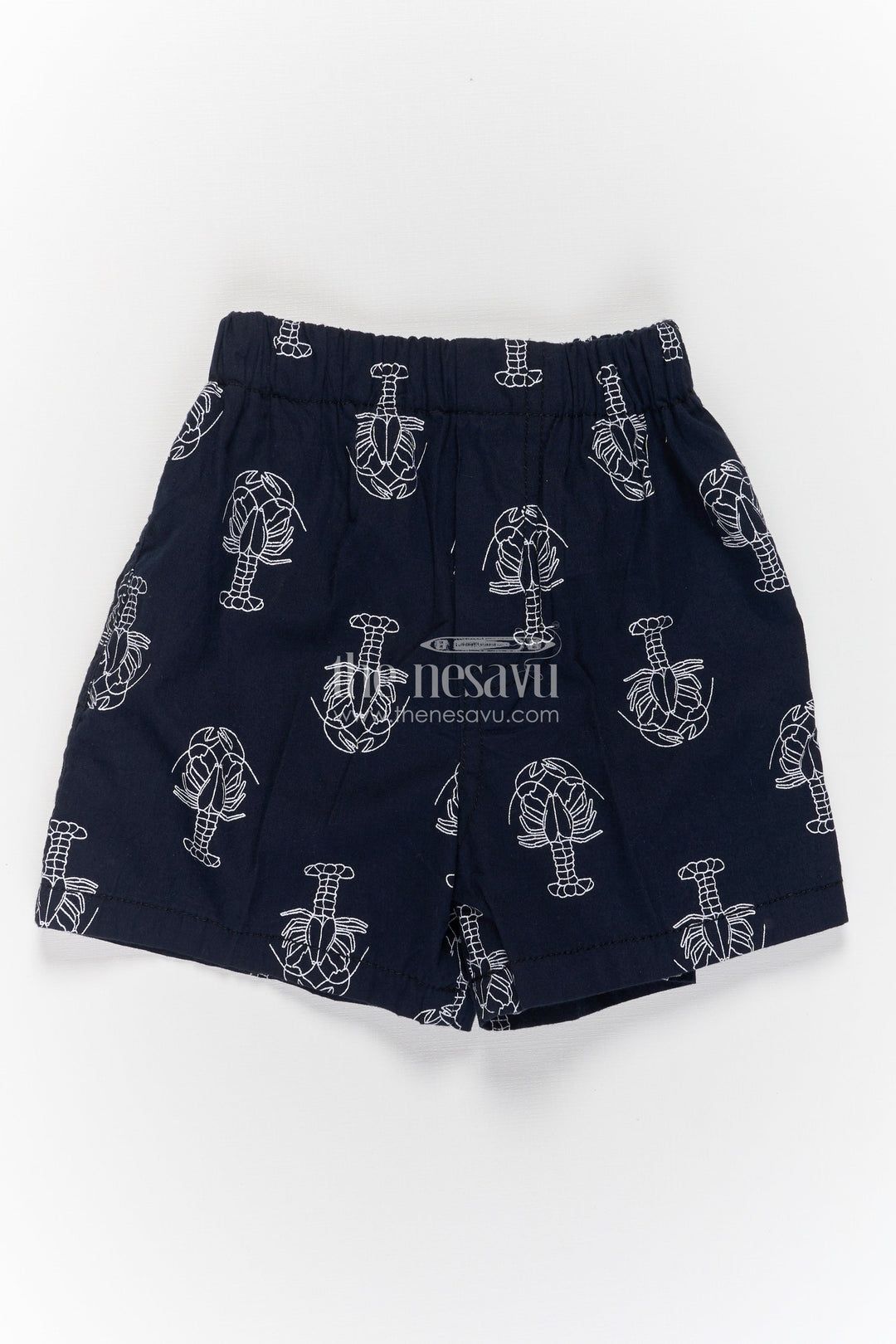 The Nesavu Boys Shorts Boys Black Cotton Stretchable Short with Lobster Print and Soft Elastic Fit for Summer Ease Nesavu 18 (2Y) / Blue BWS058A-18 Nesavu Boys Black Cotton Stretchable Shorts Lobster Print Comfortable Soft Fit