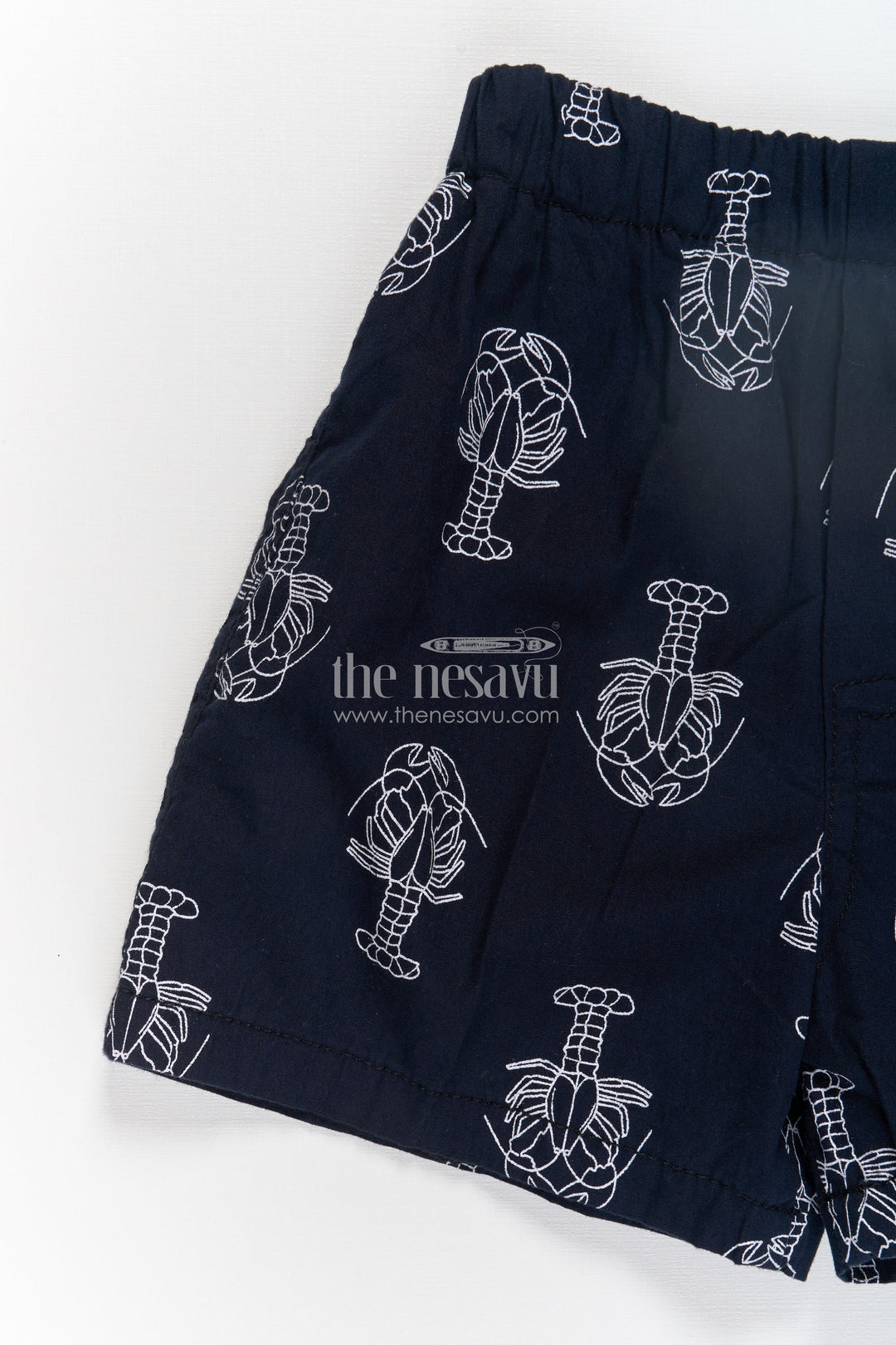 The Nesavu Boys Shorts Boys Black Cotton Stretchable Short with Lobster Print and Soft Elastic Fit for Summer Ease Nesavu Nesavu Boys Black Cotton Stretchable Shorts Lobster Print Comfortable Soft Fit