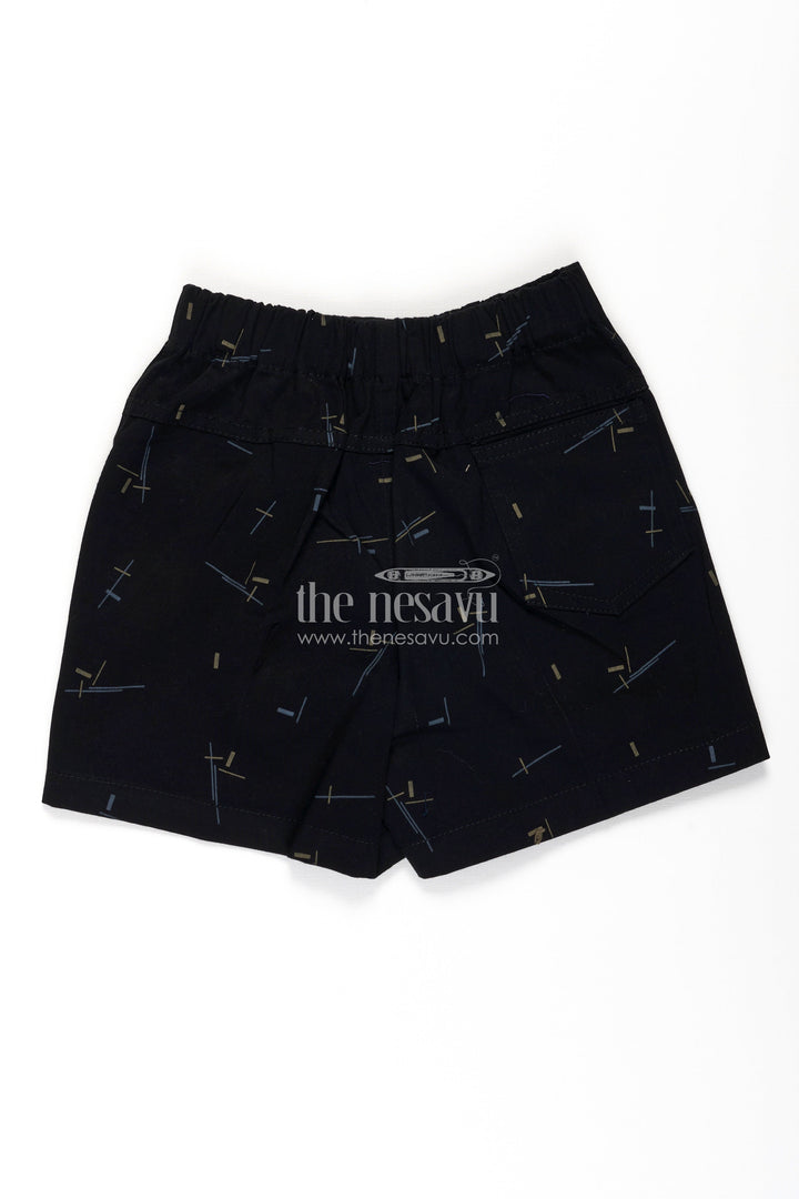 The Nesavu Boys Shorts Boys Black Cotton Tailored Short Shorts with Geometric Line Print and Soft Fit for Stylish Comfort Nesavu 18 (2Y) / Black BWS059B-18 Nesavu Boys Black Cotton Tailored Short Shorts Geometric Print Soft Everyday Fit