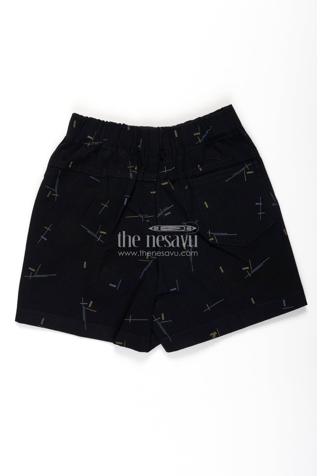 The Nesavu Boys Shorts Boys Black Cotton Tailored Short Shorts with Geometric Line Print and Soft Fit for Stylish Comfort Nesavu Nesavu Boys Black Cotton Tailored Short Shorts Geometric Print Soft Everyday Fit