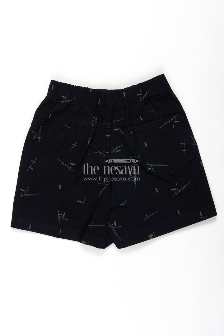 The Nesavu Boys Shorts Boys Black Cotton Tailored Short Shorts with Geometric Line Print and Soft Fit for Stylish Comfort Nesavu Nesavu Boys Black Cotton Tailored Short Shorts Geometric Print Soft Everyday Fit
