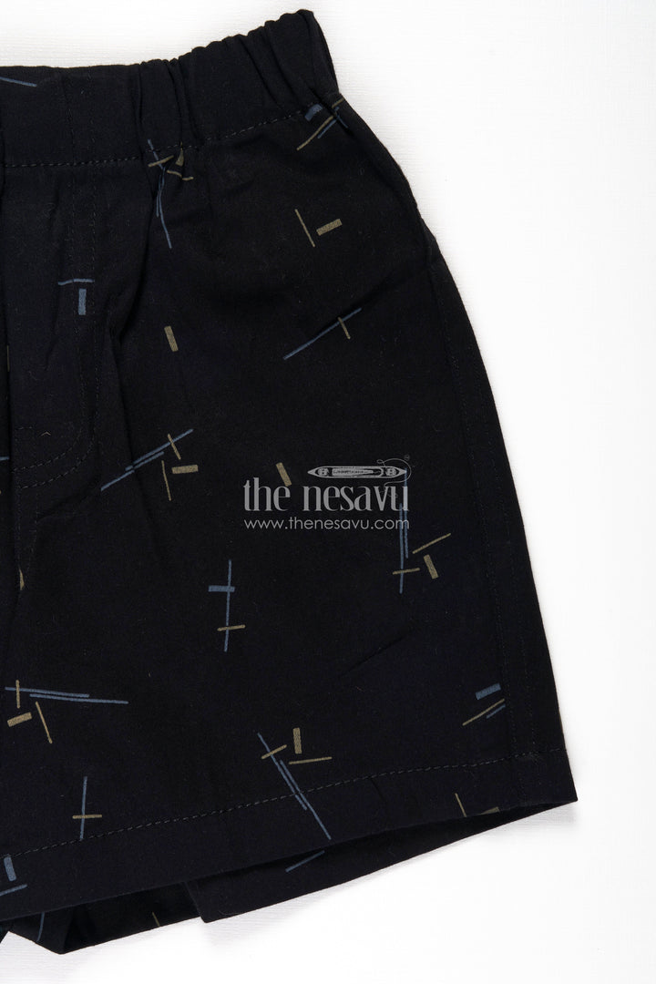 The Nesavu Boys Shorts Boys Black Cotton Tailored Short Shorts with Geometric Line Print and Soft Fit for Stylish Comfort Nesavu Nesavu Boys Black Cotton Tailored Short Shorts Geometric Print Soft Everyday Fit