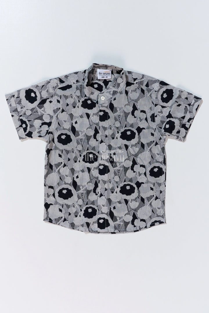 The Nesavu Boys Cotton Shirt Boys Black Half Sleeve Cotton Shirt in Cotton Block Print with Abstract Floral Design Nesavu 16 (1Y) / Black BS251A-16 Boys Black Half Sleeve Cotton Shirt Cotton Block Print Abstract Floral Design | The Nesavu