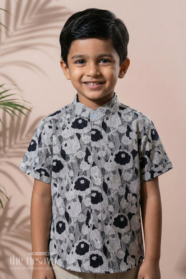 The Nesavu Boys Cotton Shirt Boys Black Half Sleeve Cotton Shirt in Cotton Block Print with Abstract Floral Design Nesavu 16 (1Y) / Black BS251A-16 Boys Black Half Sleeve Cotton Shirt Cotton Block Print Abstract Floral Design | The Nesavu
