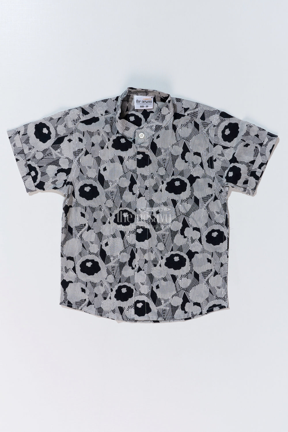The Nesavu Boys Cotton Shirt Boys Black Half Sleeve Cotton Shirt in Cotton Block Print with Abstract Floral Design Nesavu 16 (1Y) / Black BS251A-16 Nesavu Boys Black Half Sleeve Cotton Shirt Cotton Block Print Abstract Floral Design