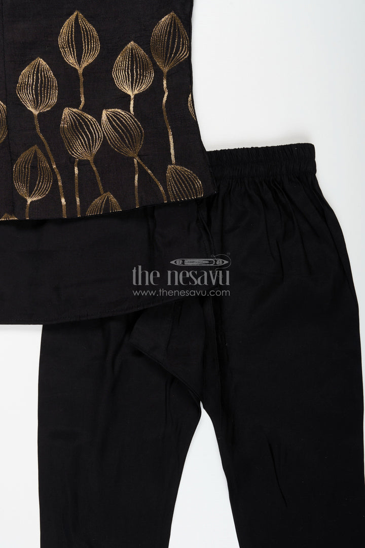 The Nesavu Boys Jacket Sets Boys black jacket set with gold leaf embroidery for Diwali and weddings Nesavu Nesavu boys black jacket set gold embroidery dupatta  ideal Diwali wedding festivities