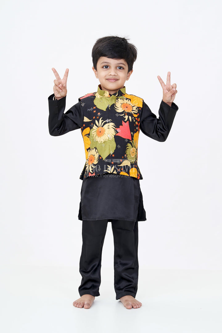 The Nesavu Boys Jacket Sets Boys Black Kurtha with Vibrant Floral Printed Jacket and Viscose Silk Blend Fabric Nesavu 16 (1Y) / Black BES662A-16 Boys Black Kurtha Vibrant Floral Printed Jacket Viscose Silk Blend Fabric | The Nesavu