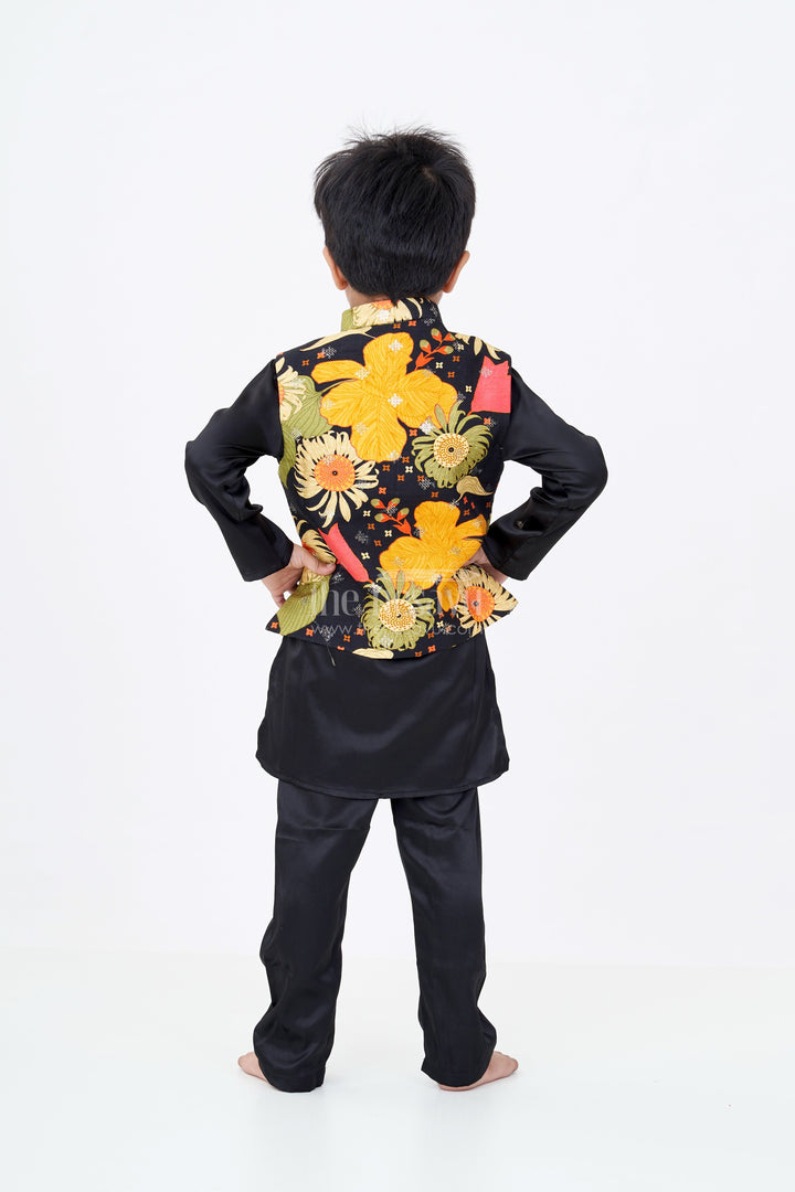 The Nesavu Boys Jacket Sets Boys Black Kurtha with Vibrant Floral Printed Jacket and Viscose Silk Blend Fabric Nesavu Boys Black Kurtha Vibrant Floral Printed Jacket Viscose Silk Blend Fabric | The Nesavu