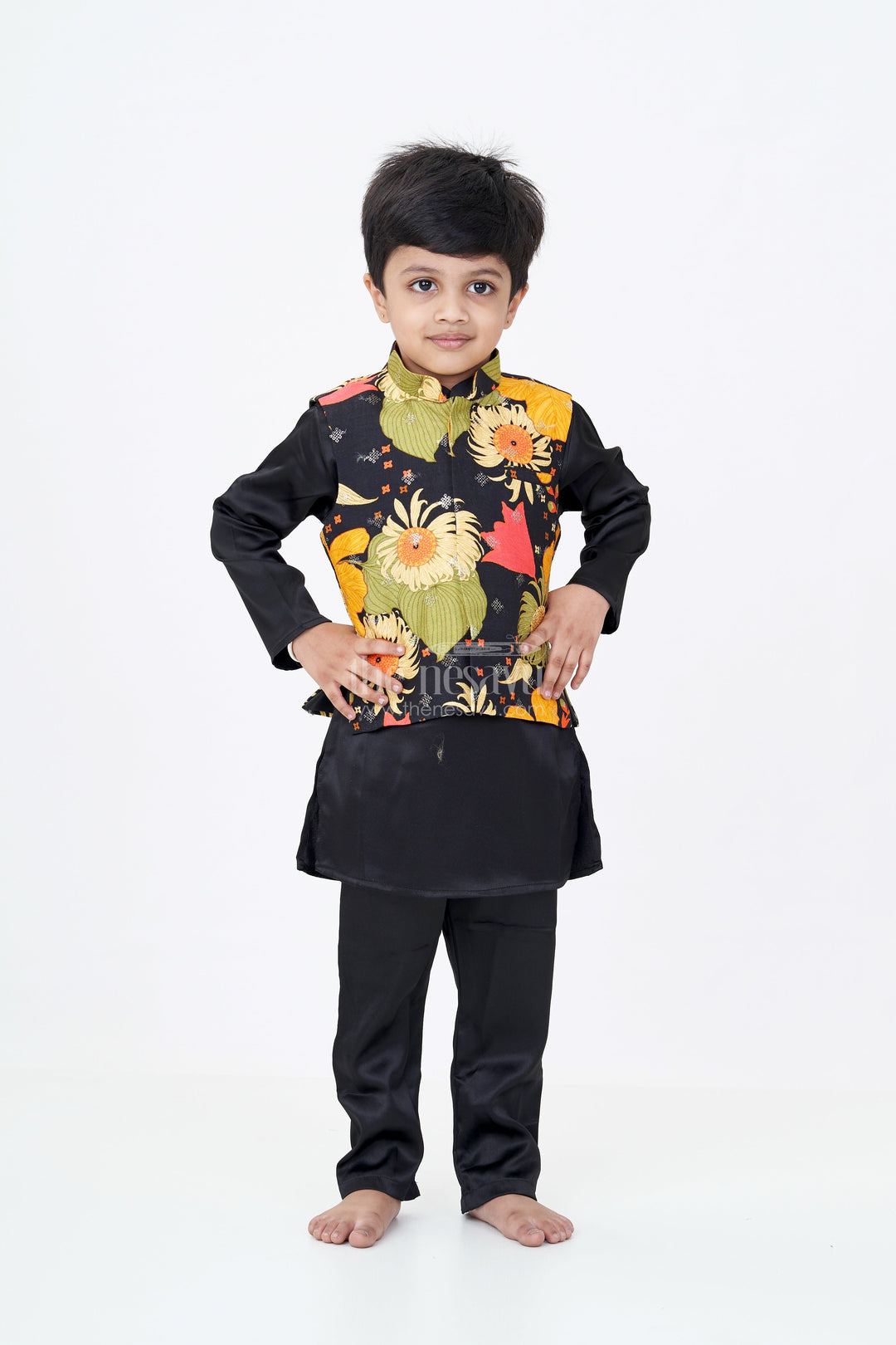 The Nesavu Boys Jacket Sets Boys Black Kurtha with Vibrant Floral Printed Jacket and Viscose Silk Blend Fabric Nesavu Boys Black Kurtha Vibrant Floral Printed Jacket Viscose Silk Blend Fabric | The Nesavu