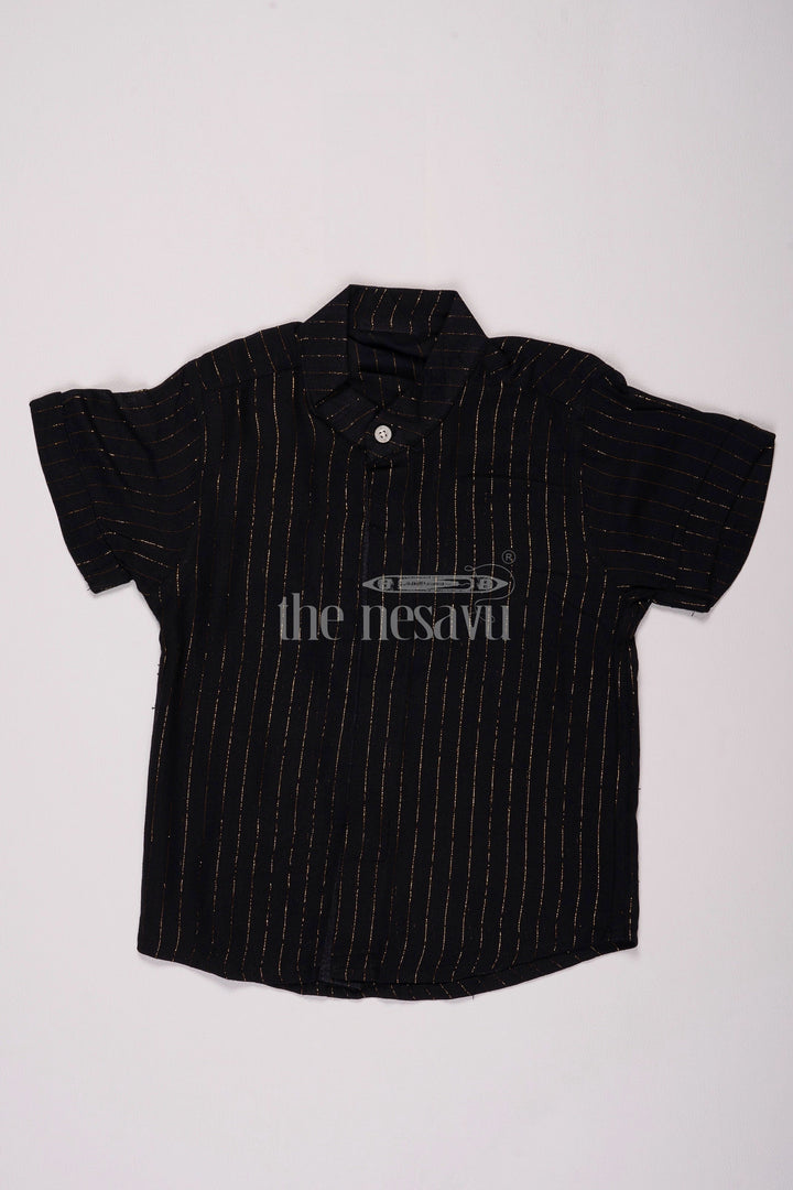 The Nesavu Boys Cotton Shirt Boys Black Lurex Zari Cotton Shirt with Festive Gold Stripes Nesavu 16 (1Y) / Black BS214A-16 Nesavu Boys Black Lurex Zari Cotton Shirt Gold Stripes Christmas Celebrations