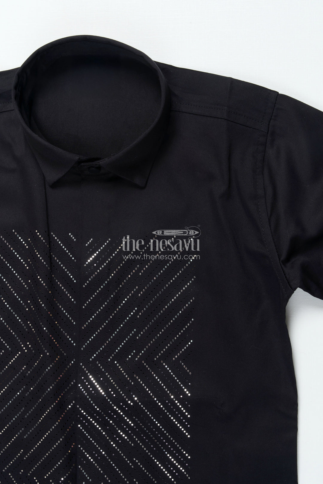 The Nesavu Boys Cotton Shirt Boys Black Shirt with Foil Detailing Party-Ready Designer Wear Nesavu Boys black shirt foil print festive designer cotton blend shirt