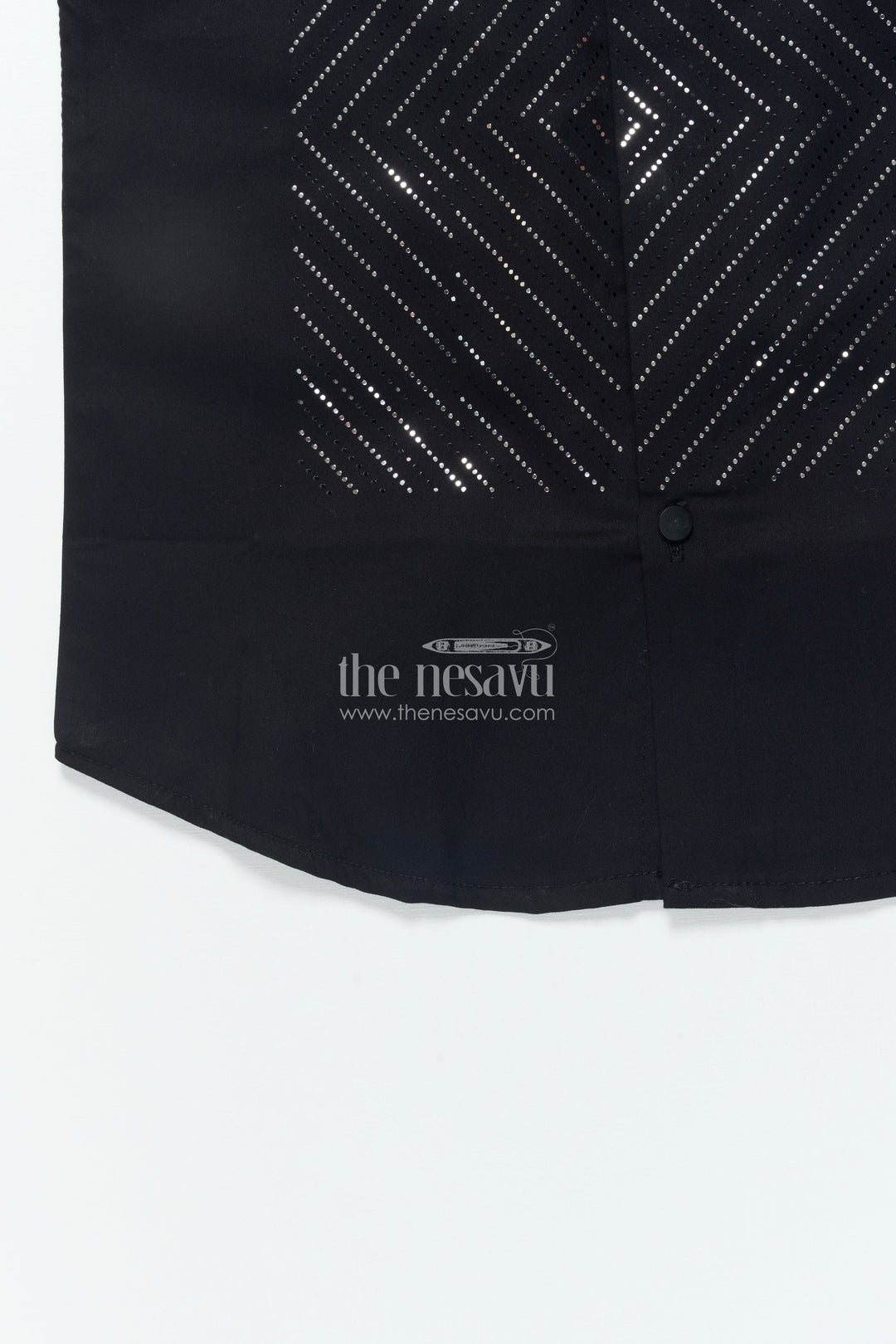The Nesavu Boys Cotton Shirt Boys Black Shirt with Foil Detailing Party-Ready Designer Wear Nesavu Boys black shirt foil print festive designer cotton blend shirt