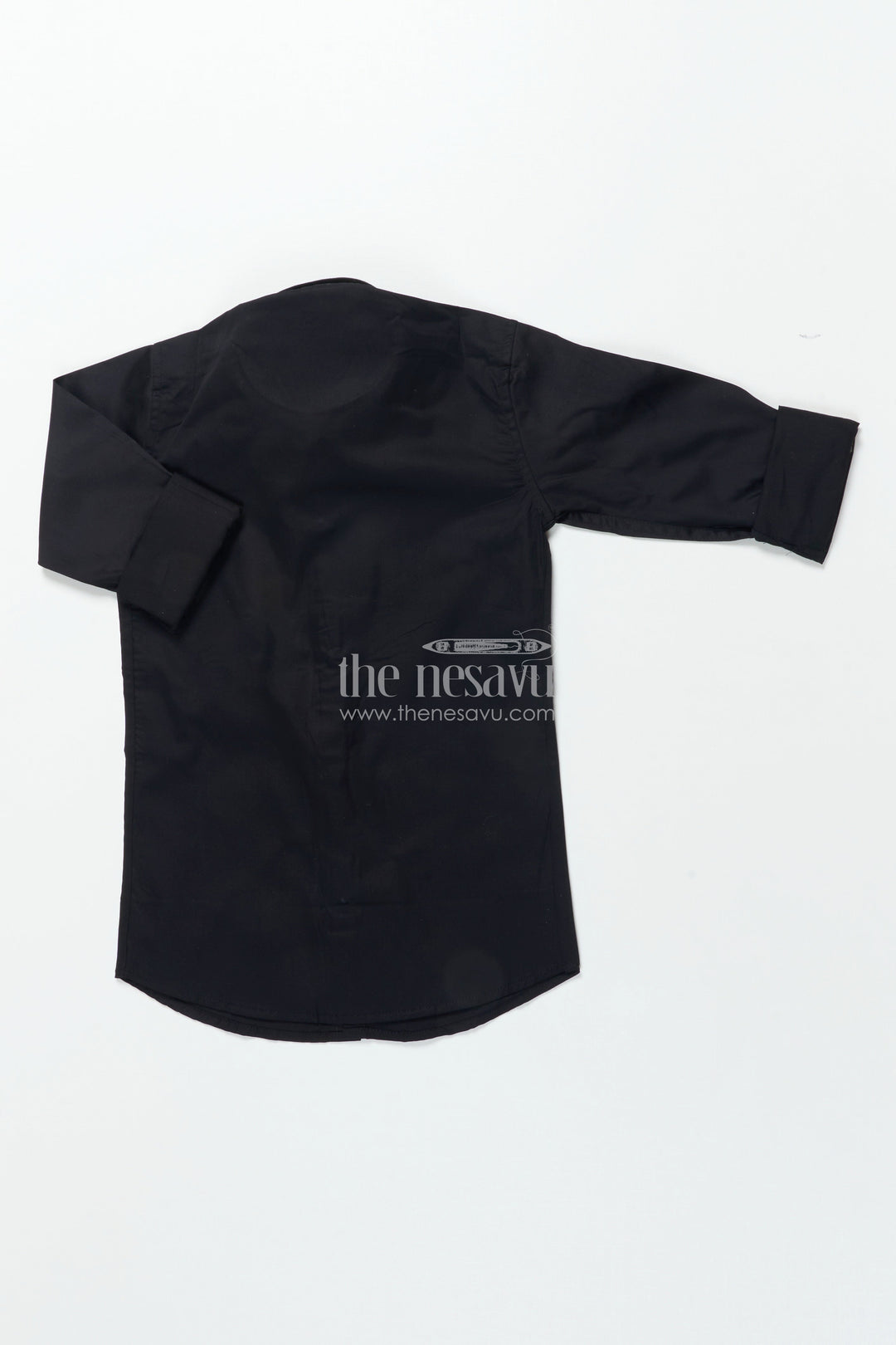 The Nesavu Boys Cotton Shirt Boys Black Shirt with Foil Detailing Party-Ready Designer Wear Nesavu Boys black shirt foil print festive designer cotton blend shirt